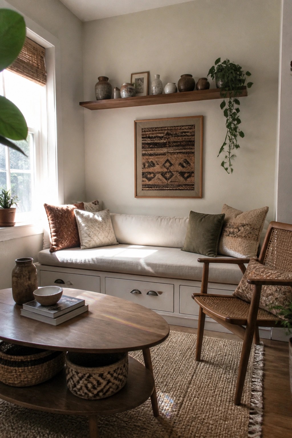 Cozy nook with window seat, round wooden table, woven chair, and neutral decor.
