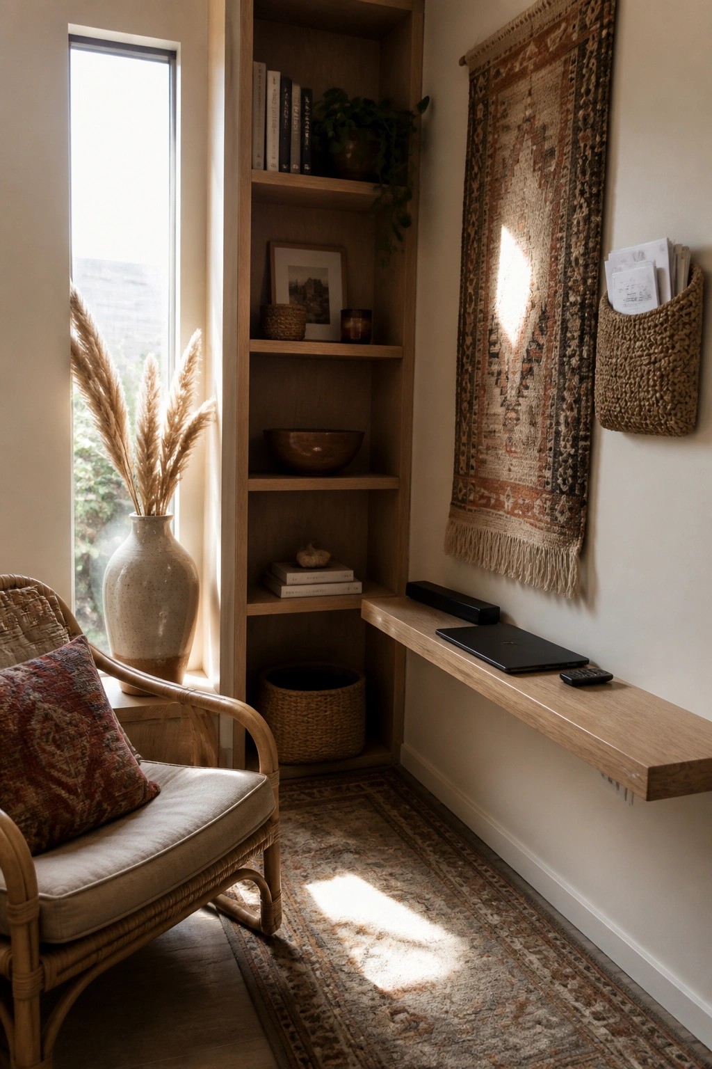 A small boho living room corner with a built-in wooden bookshelf, floating shelf holding a laptop, woven chair with patterned pillow, and rug on the floor.