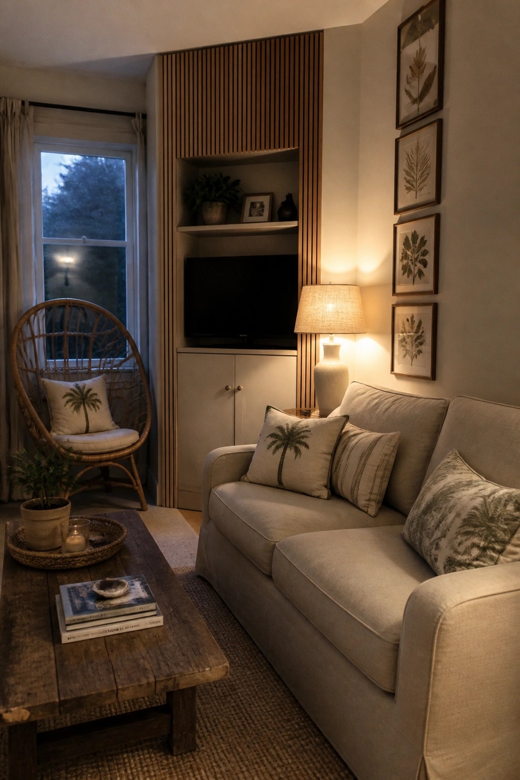 A small living room featuring a beige sofa with palm tree pillows, a wooden coffee table, a wicker chair, and a built-in entertainment center with television, shelves, and lower cabinets.