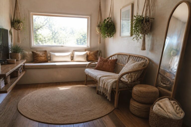 19 Small Space Boho Living Room Ideas That Maximize Every Inch Cozy bohemian room with rattan sofa, window bench, round rug, TV shelf, and macrame.