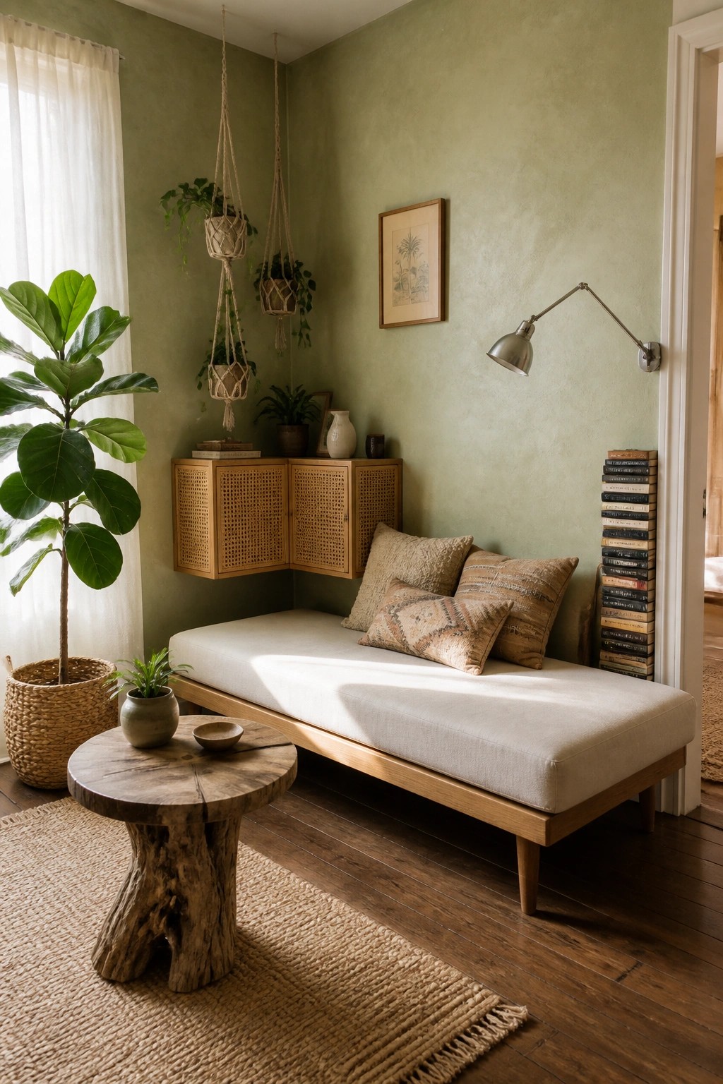 A small living room corner featuring a low wooden daybed beneath floating rattan cabinets, with hanging plants, pillows, and a round wooden side table on a jute rug.