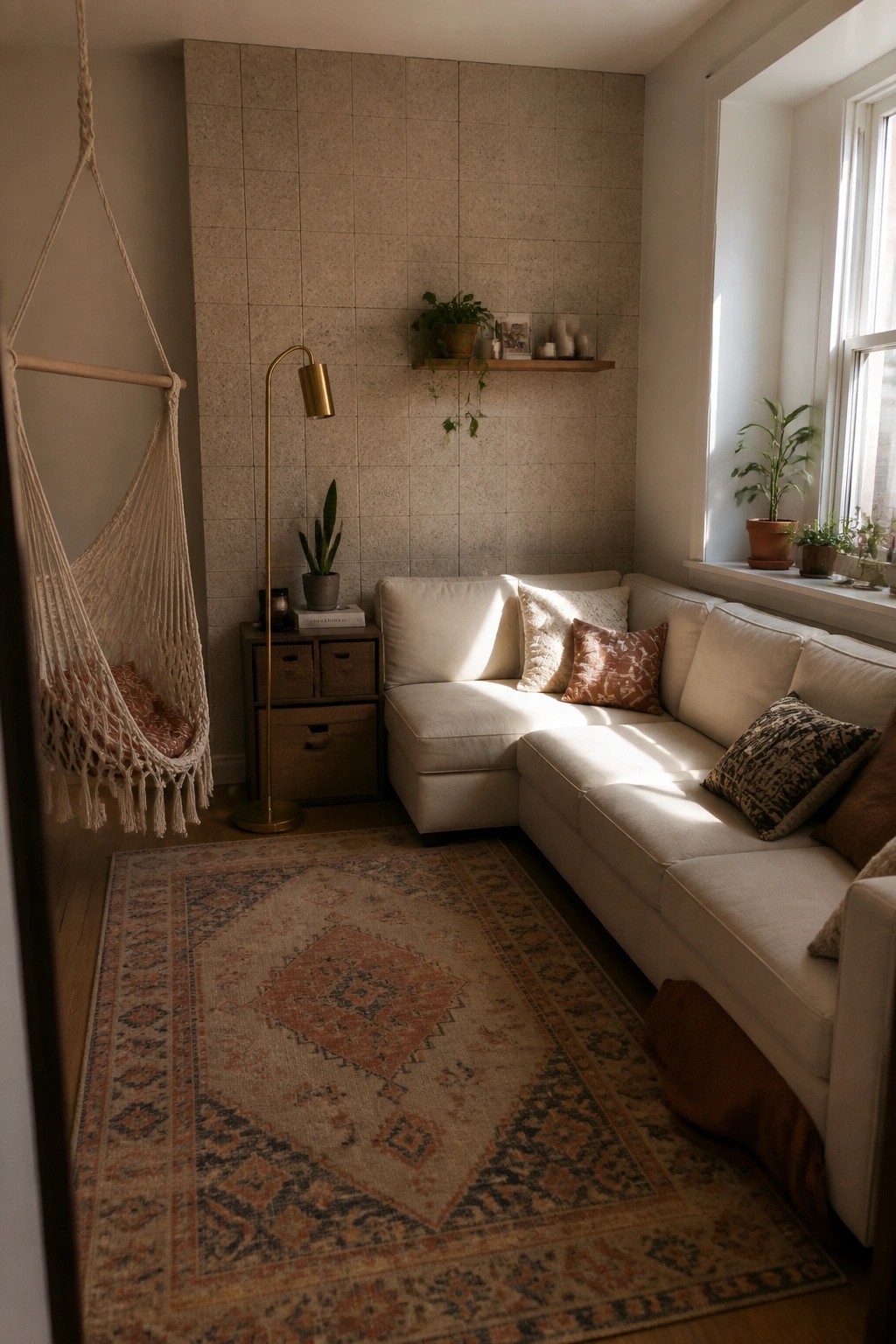 A small living room with a white L-shaped sectional sofa, patterned rug, hanging macrame chair, floor lamp, and tiled accent wall.