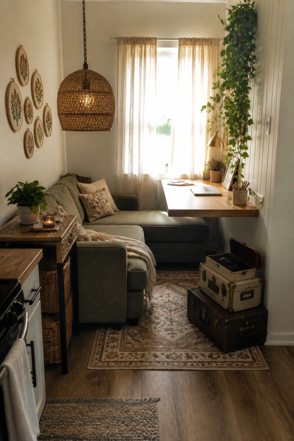 A compact living room with a green sectional sofa, a wall-mounted wooden desk under a window, a hanging wicker pendant light, and stacked vintage trunks on the floor.