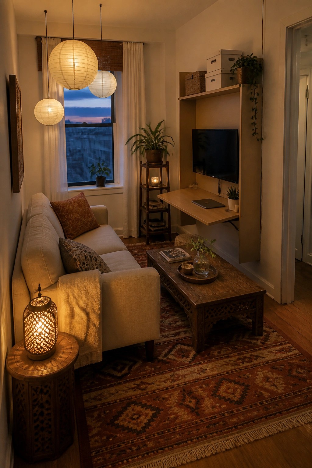 A small living room with a light sofa on a patterned rug, a wooden coffee table, and a wall-mounted TV above a fold-down desk, lit by paper lanterns near a window at dusk.