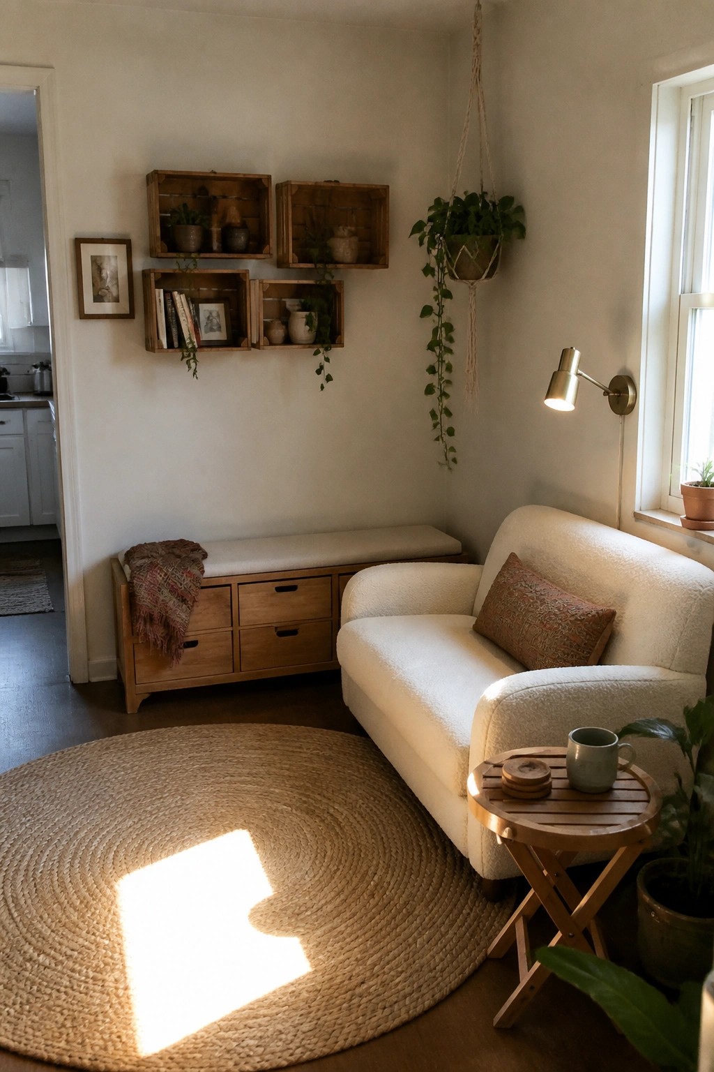 A small boho living room with a white sofa, wooden storage bench under wall-mounted crates, round jute rug, and hanging plants near a window.