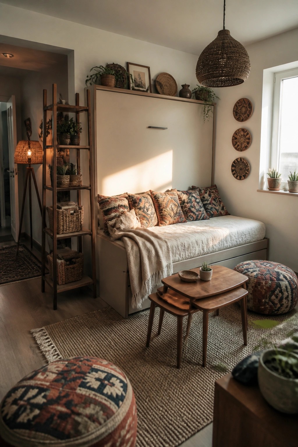 A compact boho living space with a sofa bed against a white wall unit, patterned cushions, nesting wooden tables on a woven rug, and decorative poufs.