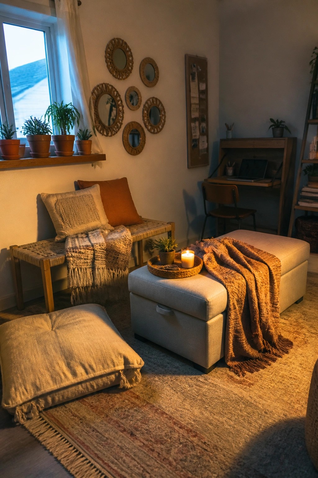 A small boho living room featuring a light gray storage ottoman with a woven tray and lit candle, a woven bench with pillows and throw, a large floor cushion on a patterned rug, round mirrors on the wall, and a wooden desk in the background.