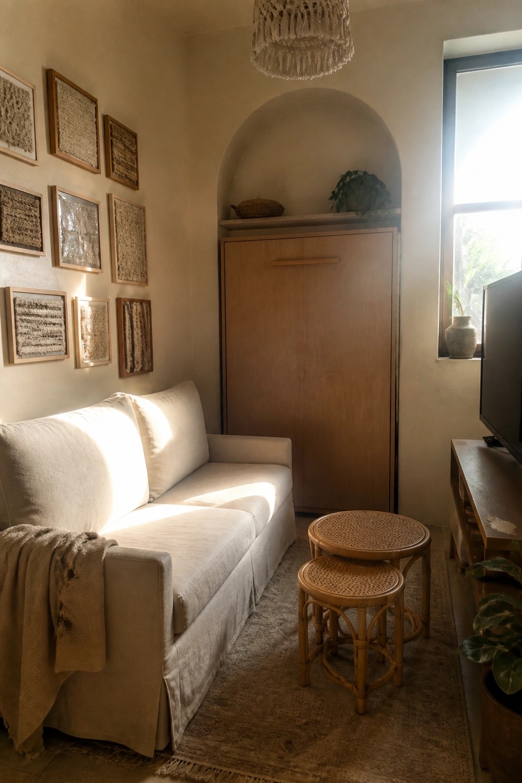 A small living room with a light-colored sofa, a tall wooden cabinet inside an arched alcove, two rattan nesting stools, and framed wall art on a beige wall.