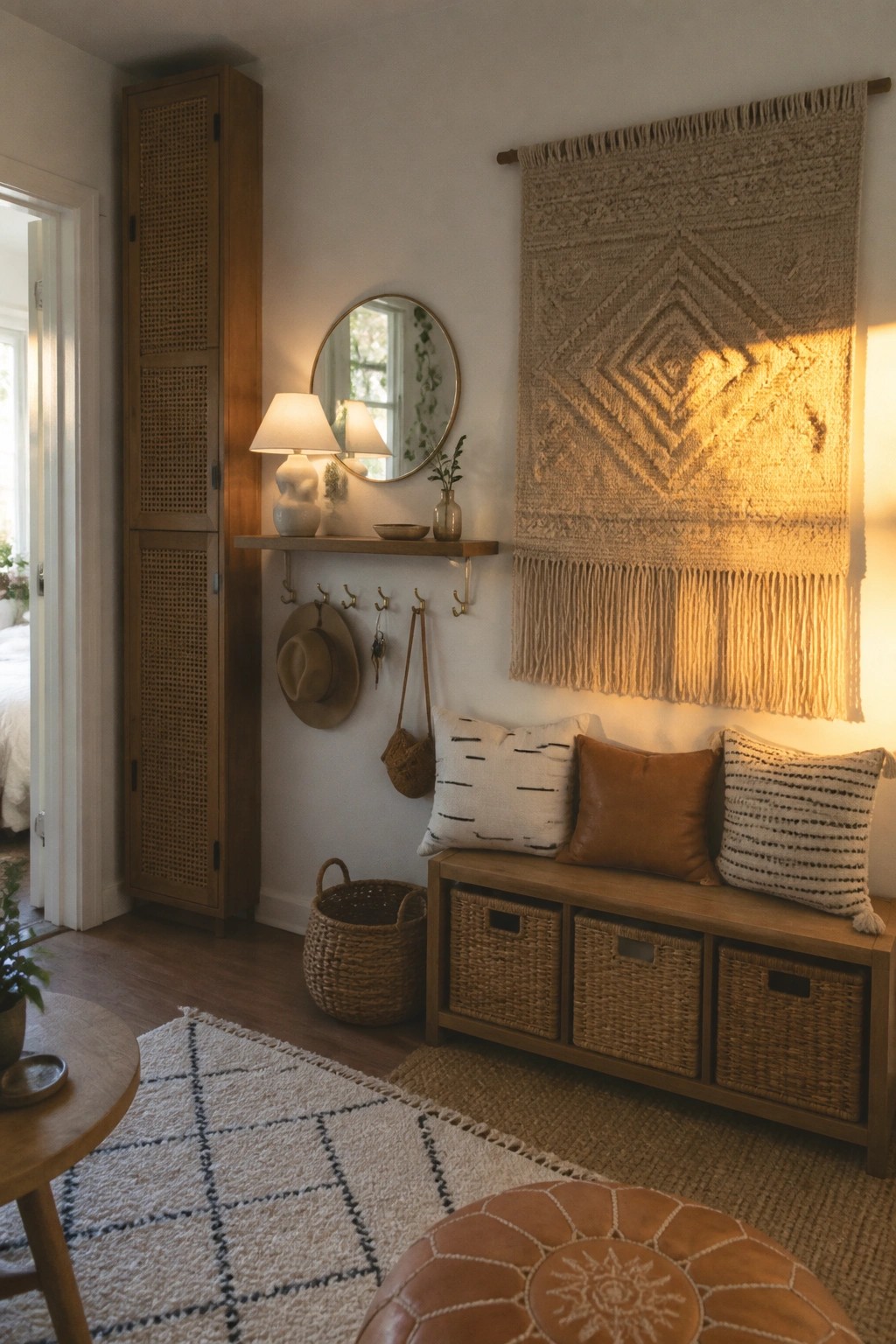 A narrow indoor entry area with a wooden bench holding three woven storage baskets, a large macrame wall hanging above it, and a tall wooden cabinet to the left.