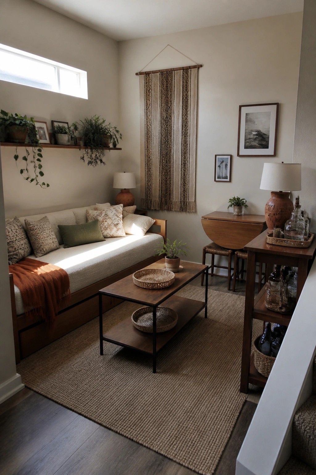 Cozy bohemian room with daybed, wooden coffee table, macrame hanging, and woven rug.