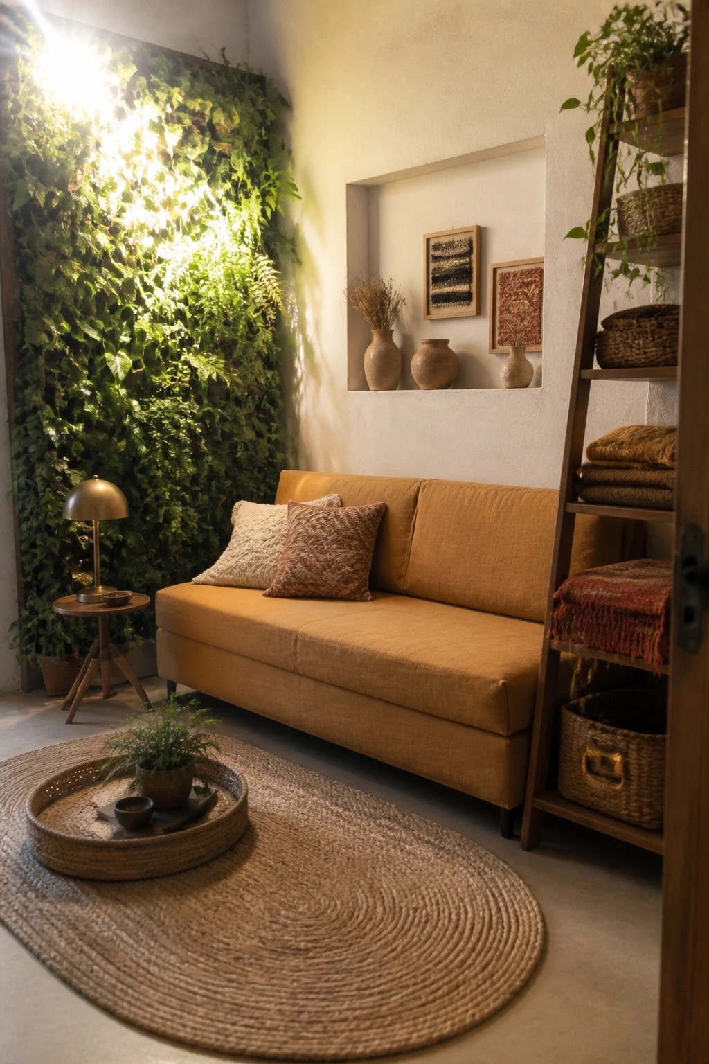 A small living room features a mustard sofa in front of a vertical plant wall, with a wooden ladder shelf holding baskets and folded textiles on the right side.