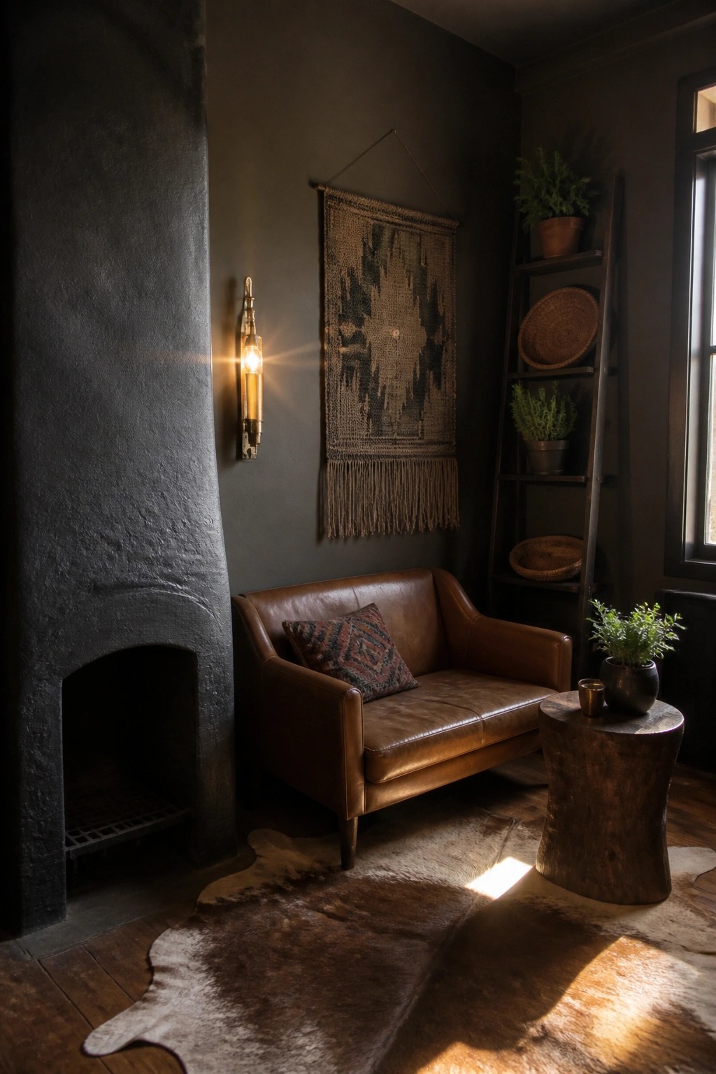 Cozy room with brown leather sofa, cowhide rug, woven wall hanging, and dark fireplace.