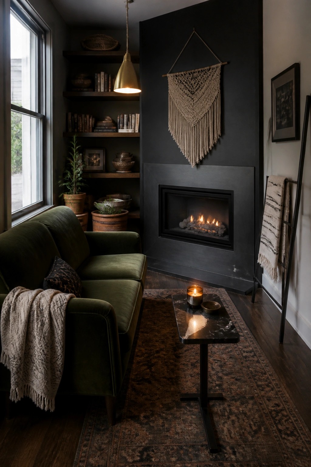 Small living room with green velvet sofa facing a fireplace built into a solid black wall, with macrame hanging above the fire.