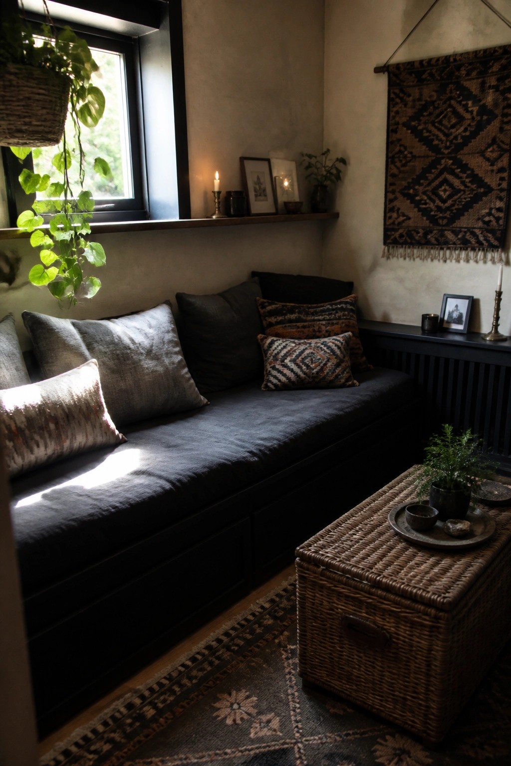 A dark built-in bench with layered pillows lines a corner wall next to a window, with a woven trunk used as a table on a patterned rug.