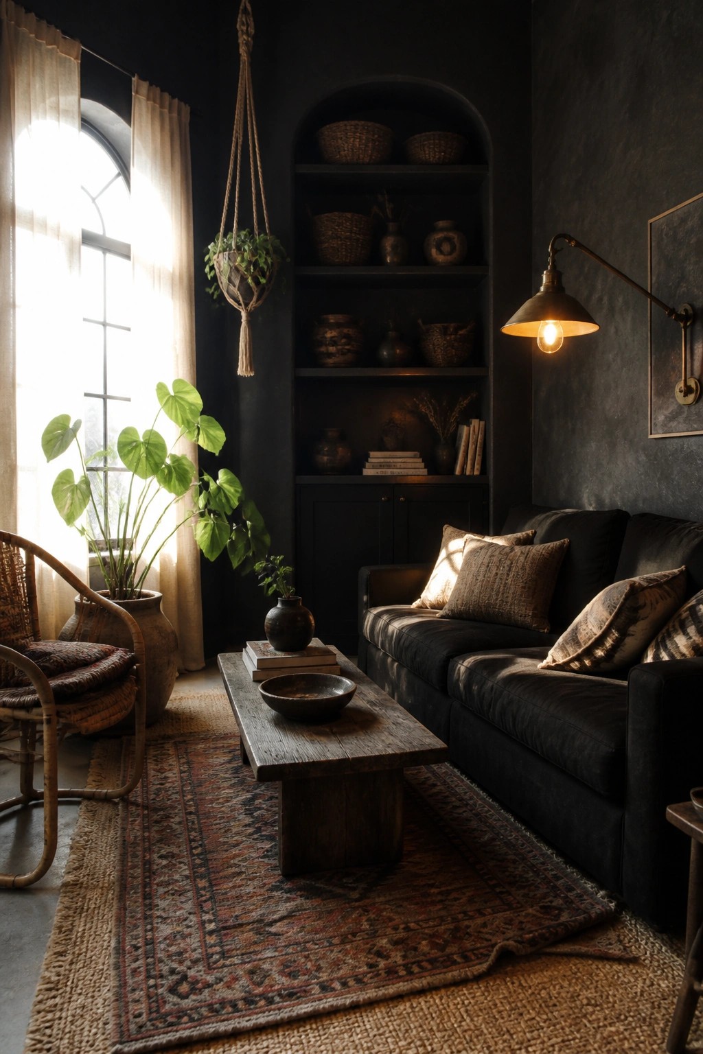A dark boho living room featuring a black sofa, wooden coffee table on layered rugs, arched built-in shelves holding baskets and books, a hanging plant, and a large window with sheer curtains.