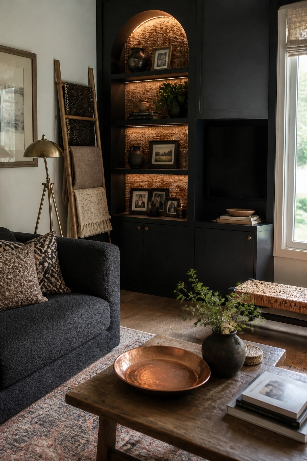 A living room corner with dark built-in shelving featuring arched illuminated niches, a dark sofa with patterned pillows, and a wooden coffee table holding a copper bowl and books.