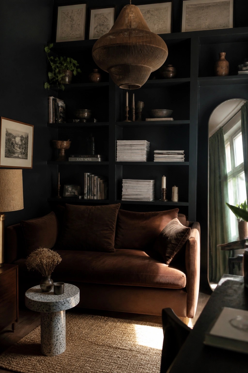 A compact living room with dark walls, a brown velvet sofa in front of built-in dark shelving filled with books and decor.