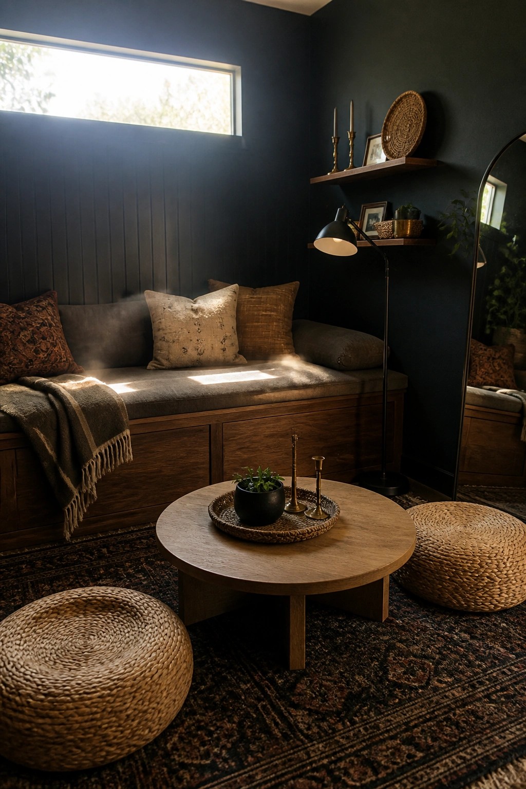 Dark blue room with sunlit wooden bench, round table, woven poufs, and floor lamp