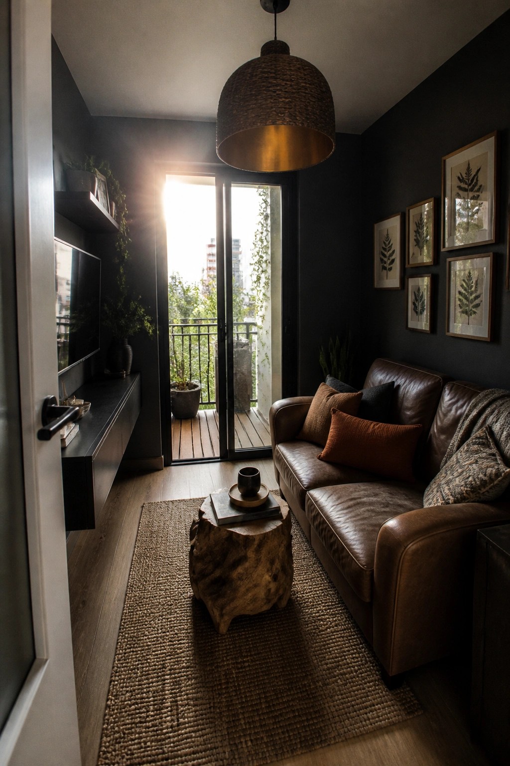A narrow living room with dark walls, a brown leather sofa, a tree stump coffee table on a woven rug, wall-mounted TV, and open glass doors leading to a balcony.