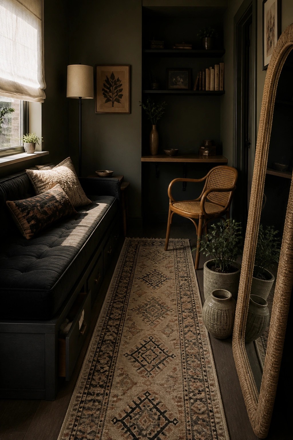 A narrow dark green room with a tufted daybed along the left wall, a long patterned runner rug, built-in shelves, a cane chair, and a large floor mirror on the right.