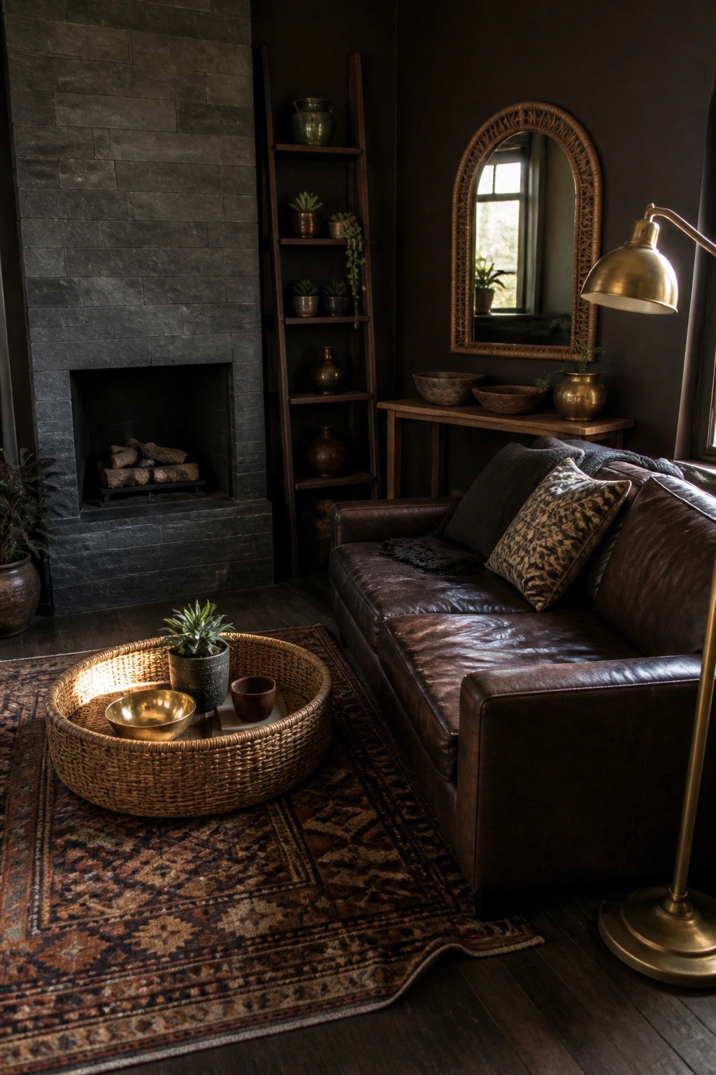 A compact living room with dark walls features a brown leather sofa on a large patterned rug, a woven tray holding bowls in front of it, and a stone fireplace to the left.
