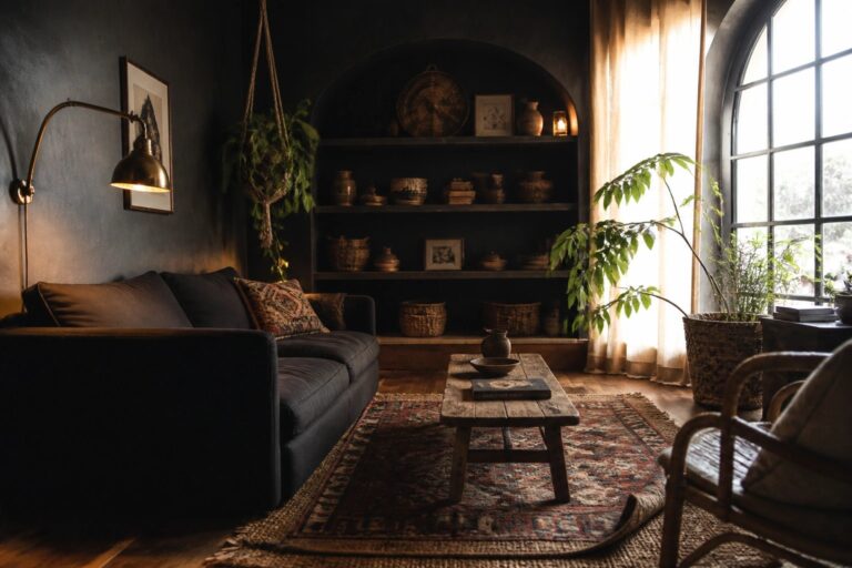 19 Smart Dark Boho Living Room Layout Ideas Designed for Small Spaces A dark boho living room featuring a black sofa, wooden coffee table on layered rugs, arched built-in shelves holding baskets and books, a hanging plant, and a large window with sheer curtains.