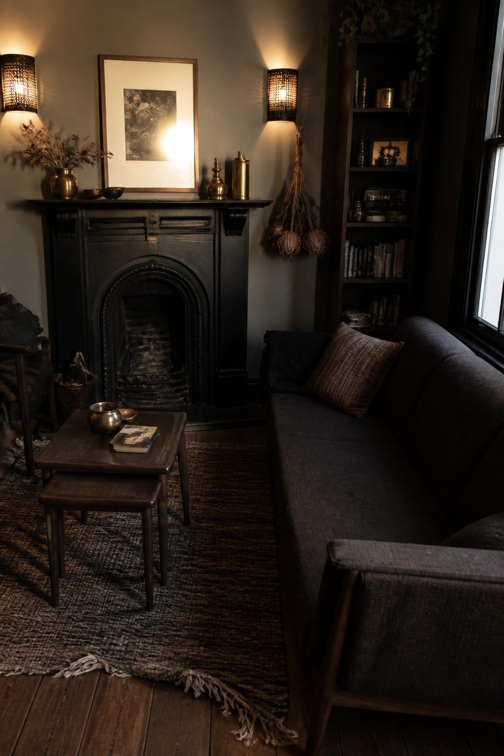 Dark living room with black fireplace, gray sofa, wooden tables, and warm sconces.