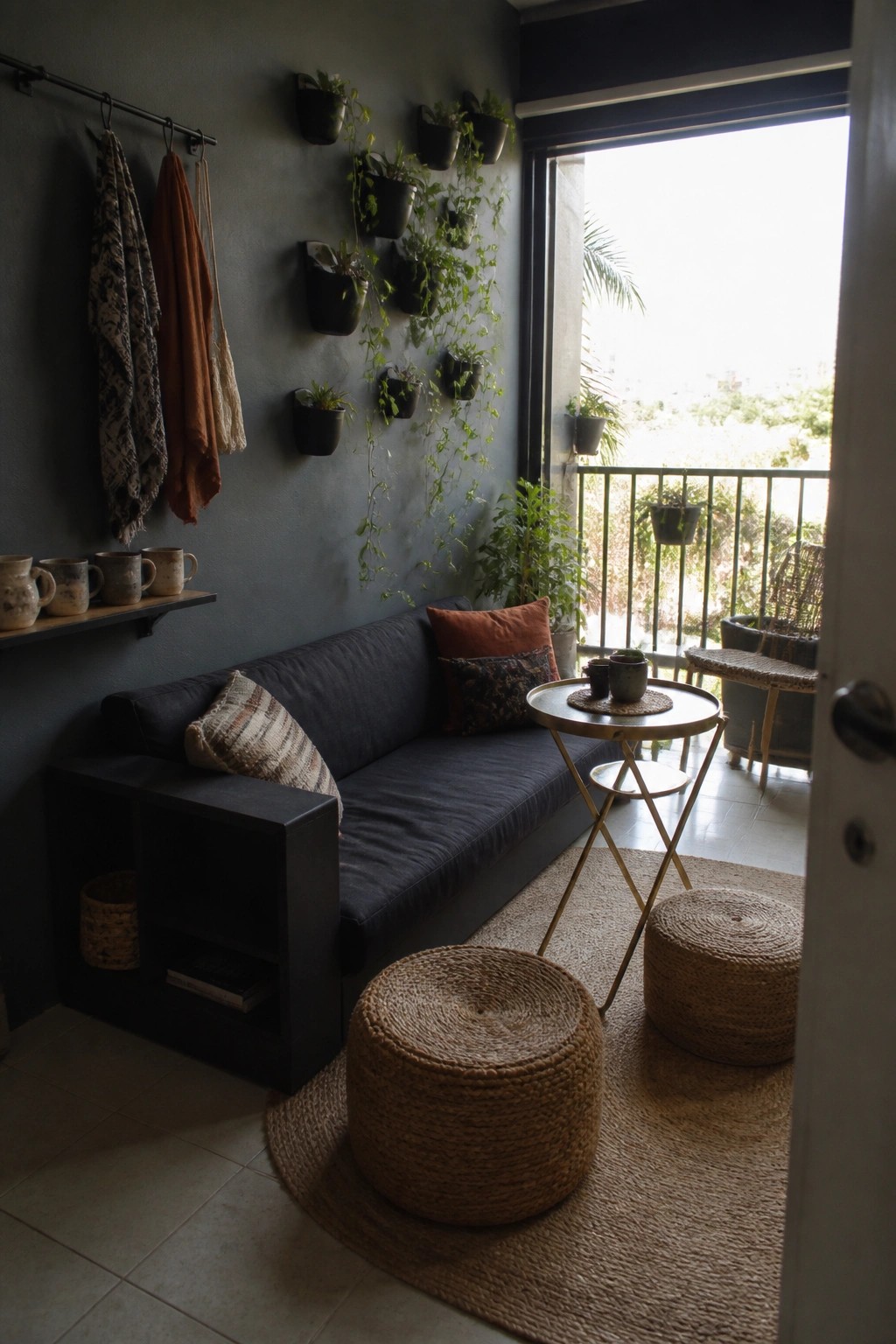 A compact living area with a dark sofa against a dark wall covered in mounted potted plants, woven poufs on a round jute rug, and an open door leading to a balcony.
