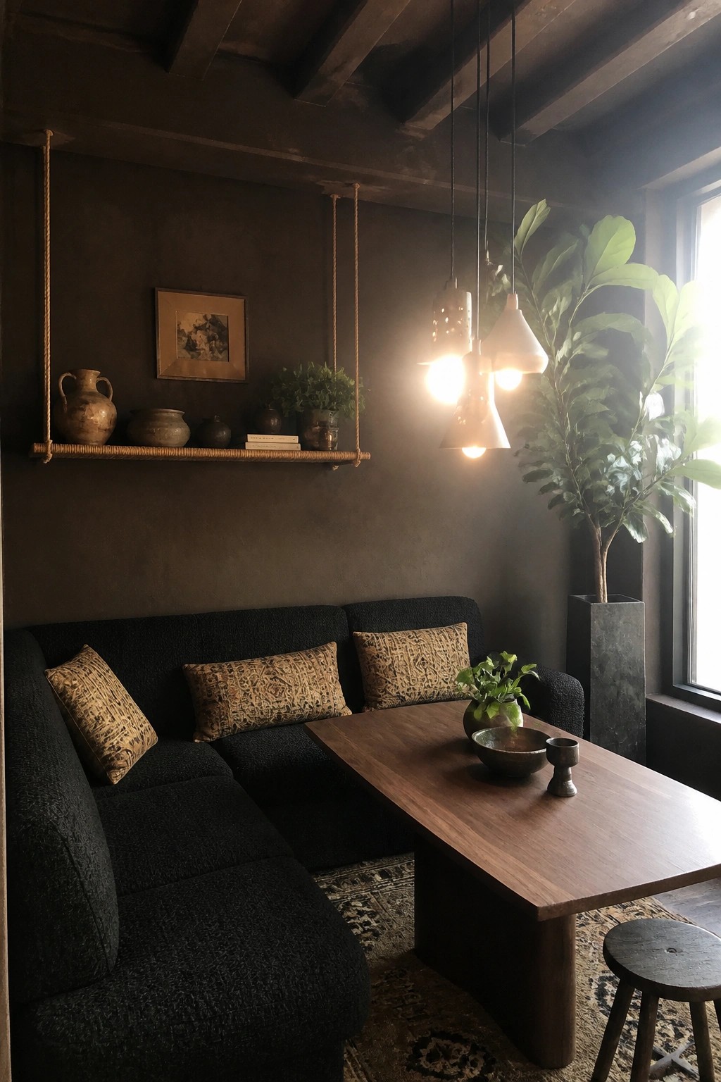 A dark living room featuring a black sectional sofa against textured walls, a wooden coffee table in the center, hanging pendant lights, a rope shelf with pottery, and a large potted plant near the window.
