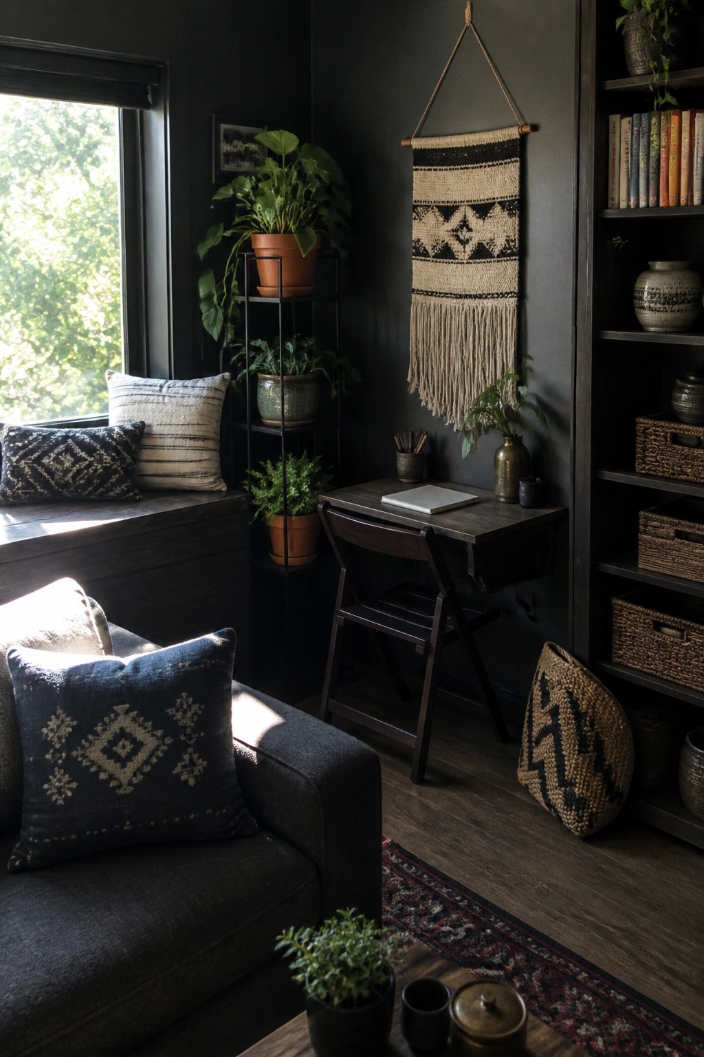 A dark painted living room corner with a small wooden desk, folding chair, window seat with patterned pillows, potted plants on shelves, and a woven wall hanging.