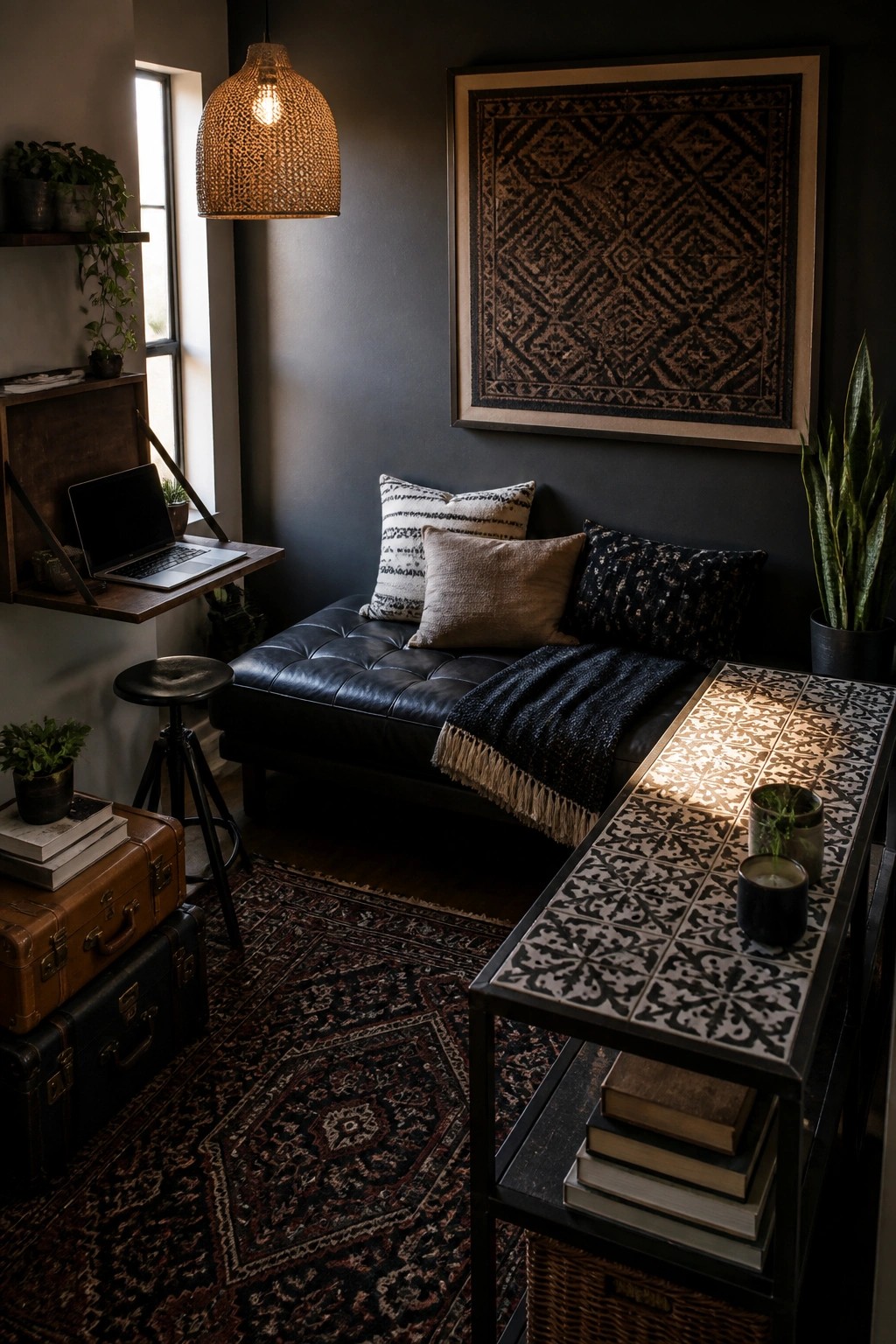 A small living room with a black leather daybed against a dark wall, patterned rugs on the floor, and a long tiled console table in the foreground.