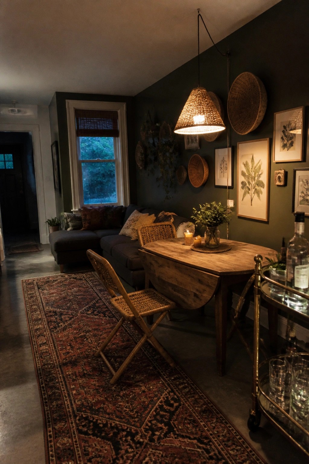 Cozy dining space with dark green walls, wooden table, wicker chairs, woven lampshade, and baskets.
