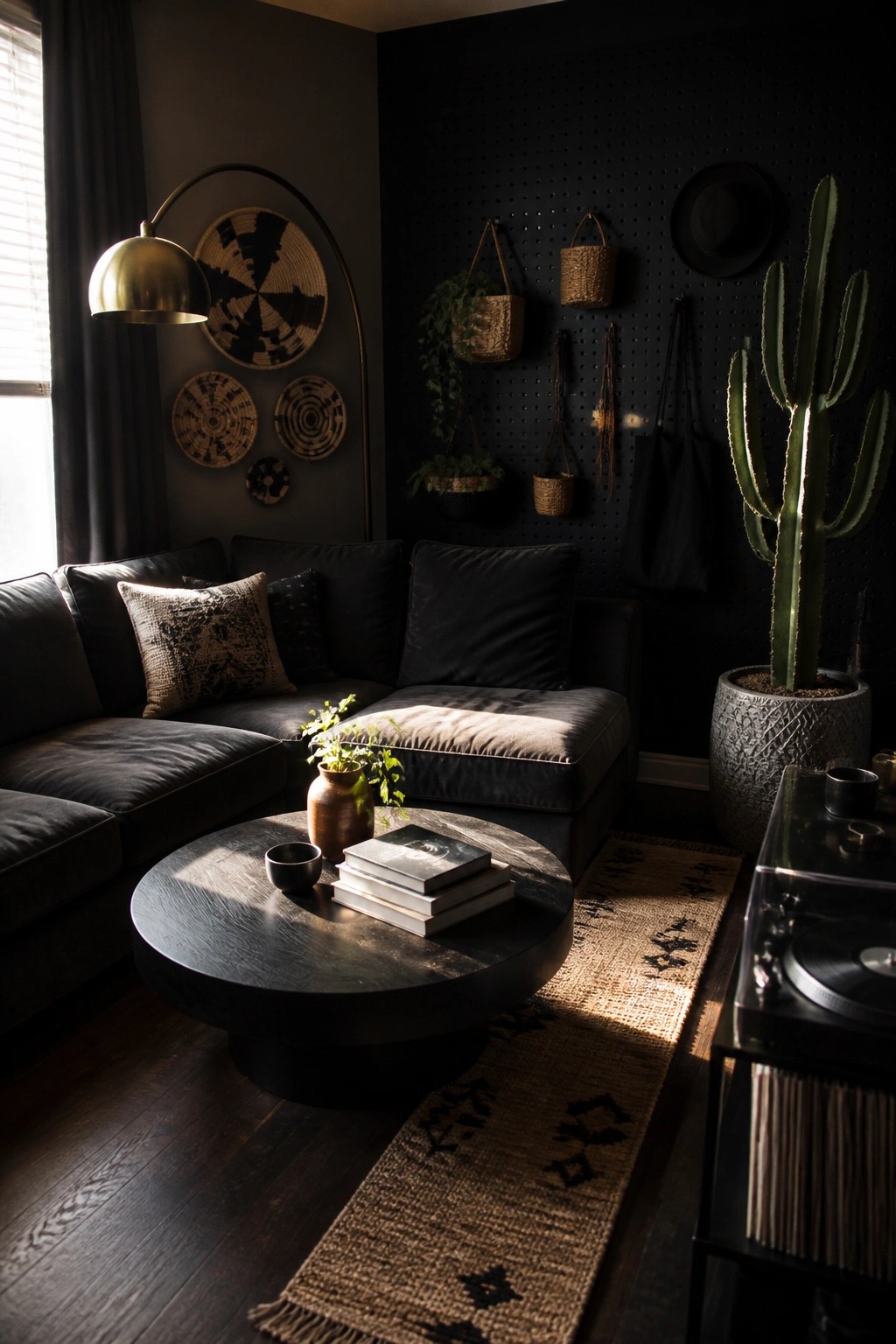 Dark living room with black sofa, round coffee table, potted cactus, and record player