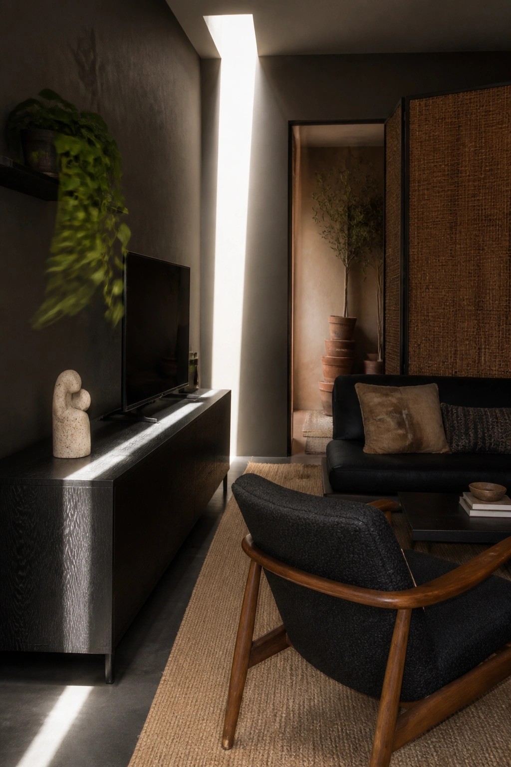 Modern living room with black leather sofa, wooden armchair, TV console and skylight.