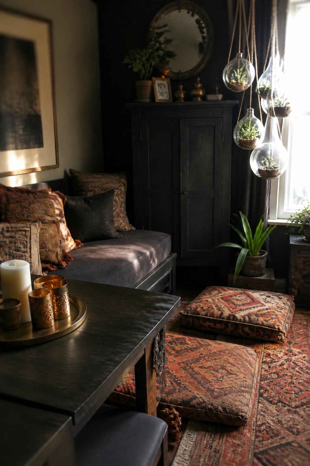 Dark bohemian room with hanging glass terrariums, patterned cushions, and candles on table