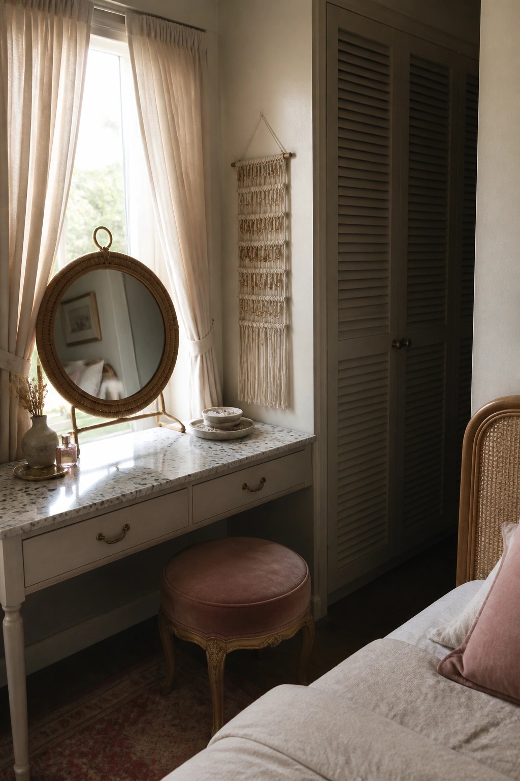 A bedroom corner shows a white vanity desk with a marble top and round mirror under a window with sheer curtains, along with a pink upholstered stool and macrame wall hanging.