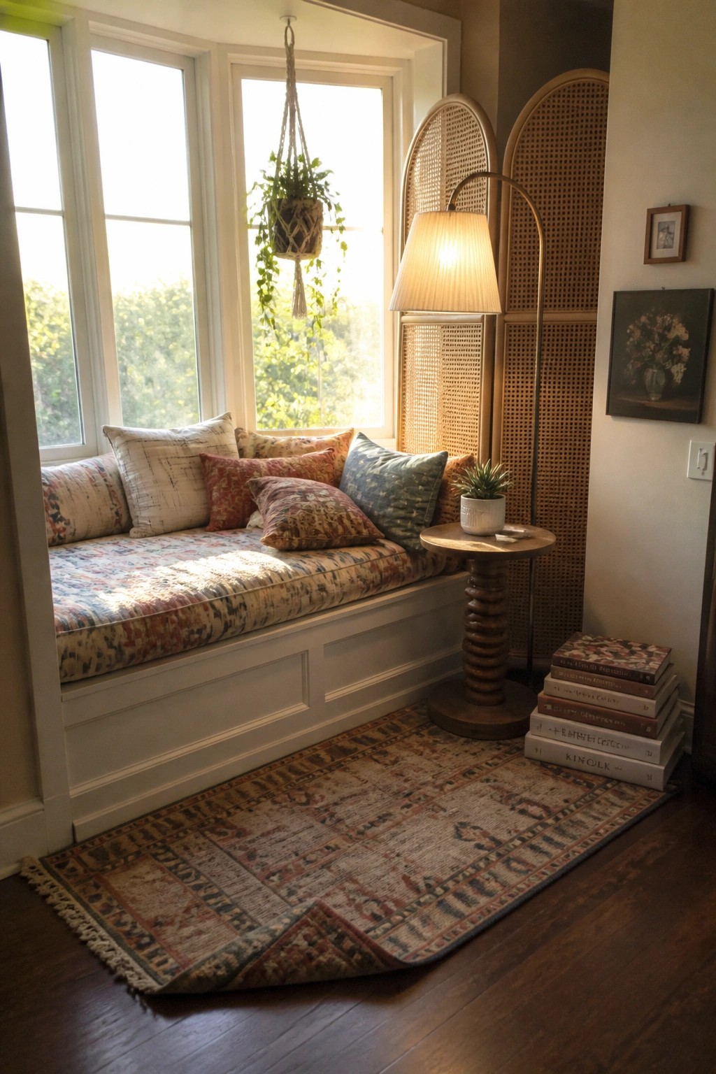 Cozy bay window seat with floral cushions, hanging plant, floor lamp, and patterned rug.
