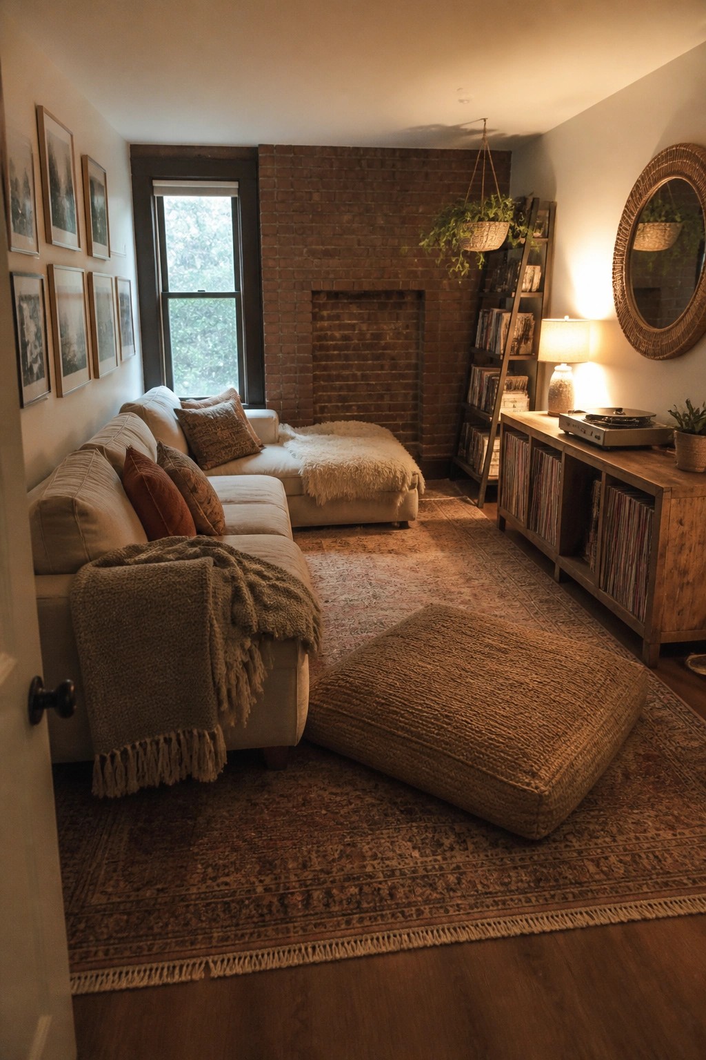 Cozy living room with beige sectional sofa, woven ottoman, brick fireplace, and record console.