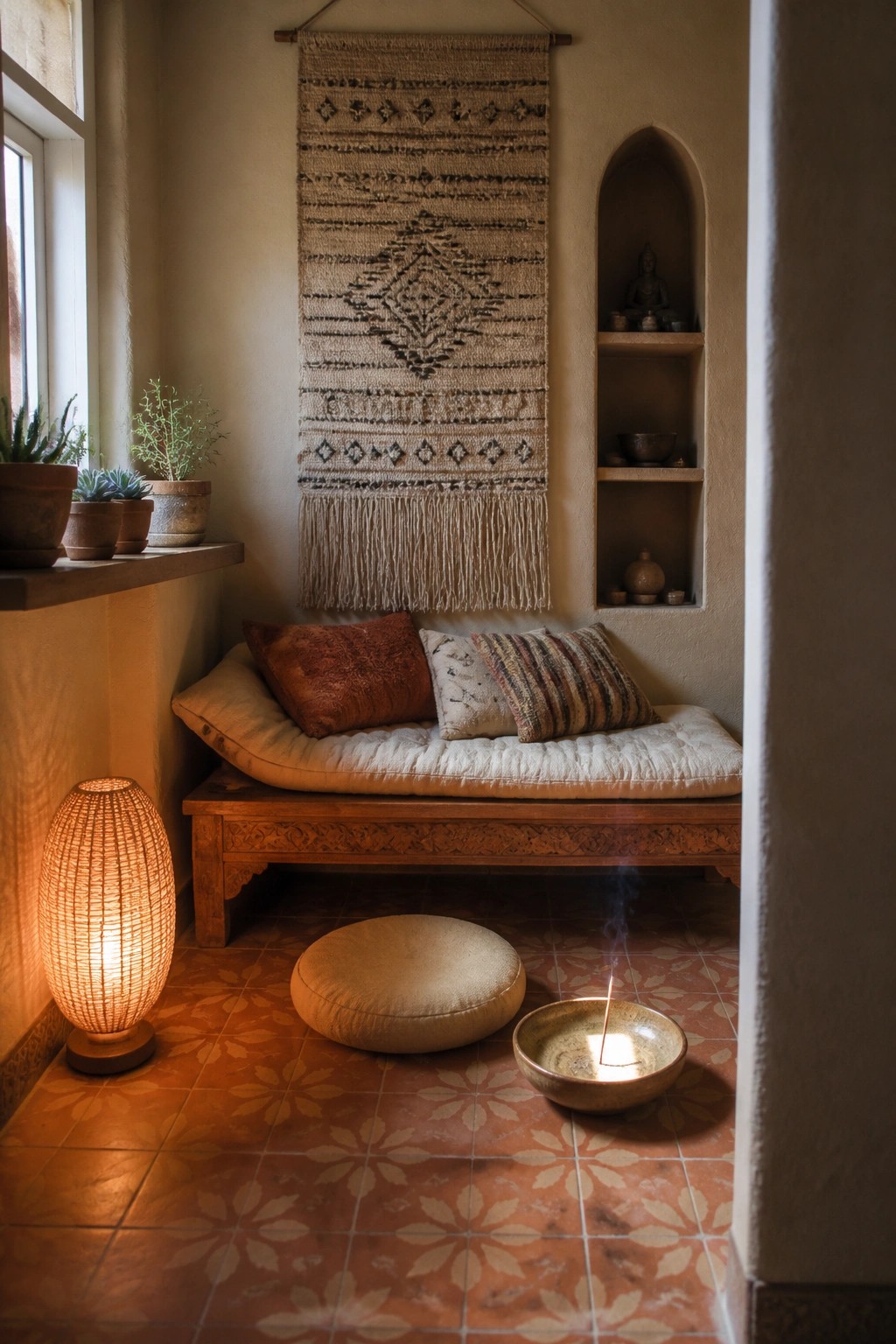 A low wooden daybed with cushions sits below a large woven wall hanging, next to an arched built-in wall niche with shelves holding a small Buddha statue and bowls, with a woven floor lamp, round cushion, and incense bowl on patterned tile flooring.