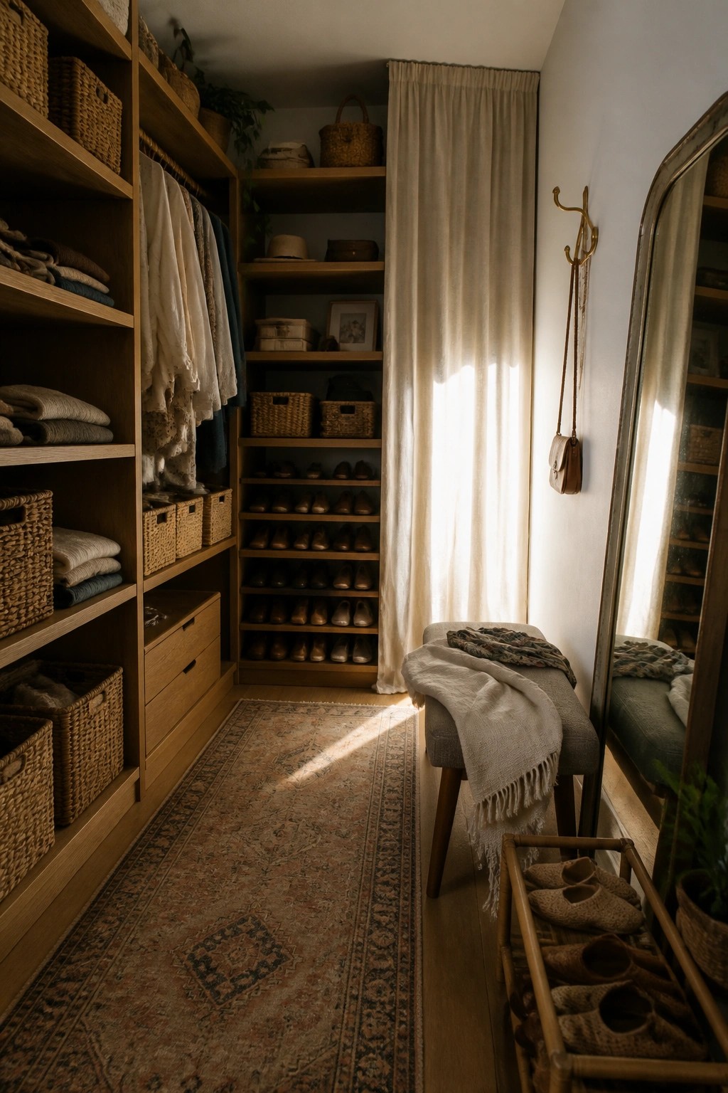 A narrow walk-in closet with wooden built-in shelves filled with folded clothes, shoes, and woven baskets, a patterned rug on the floor, a stool with textiles, and a tall mirror on the right wall.