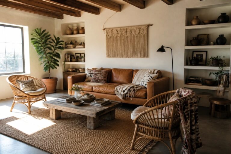 19 Timeless Boho Home Decor Ideas That Never Feel Outdated Cozy bohemian living room with leather sofa, rattan chairs, macrame hanging, and wooden beams.