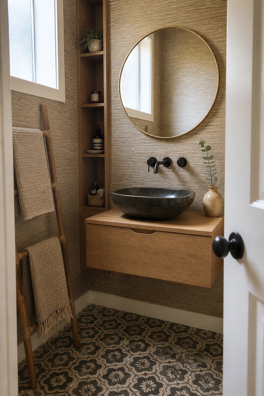 Modern bathroom with wooden floating vanity, dark stone sink, round gold mirror, and patterned floor.