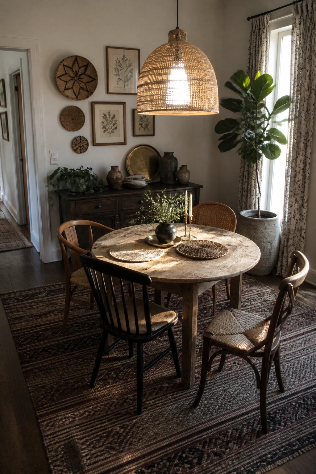 A round wooden dining table with mixed wooden and black spindle chairs sits under a large woven pendant light, with woven wall decor and a dark wood sideboard in the background.