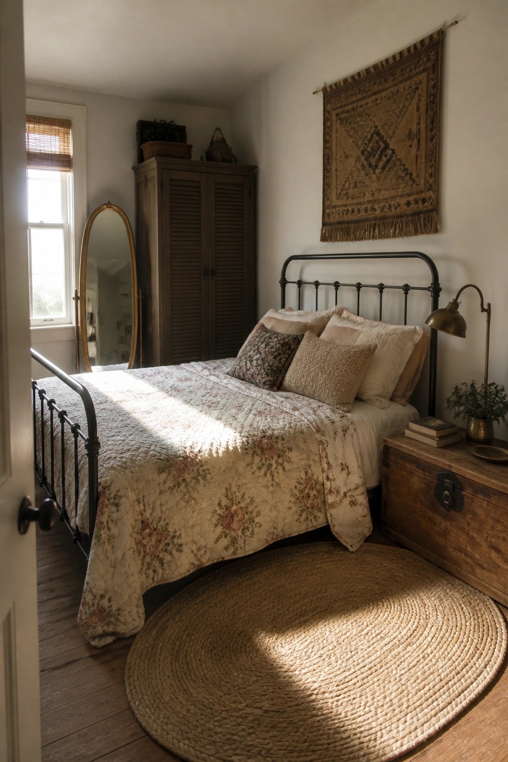 A sunlit bedroom with a black metal bed dressed in a floral quilt, layered pillows, a round jute rug, a wooden chest nightstand, and a wall tapestry.