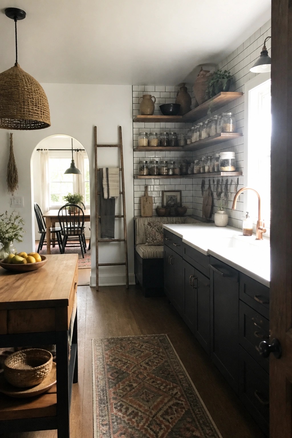 A kitchen with dark cabinets, white countertops, open wooden shelves holding jars and pottery, and a wooden ladder leaning against a tiled wall with textiles draped over the rungs.