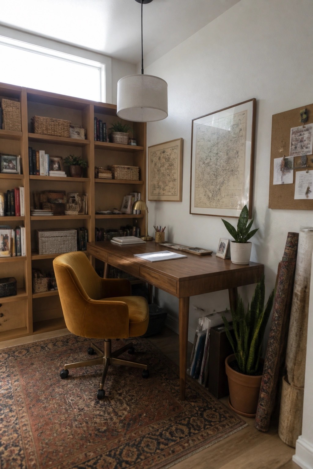 Cozy home office with wooden desk, mustard-yellow chair, bookshelves, and framed maps.