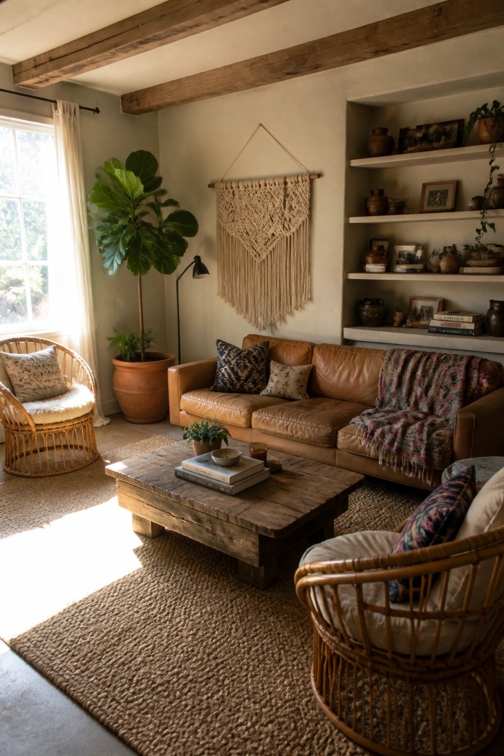 Cozy bohemian living room with leather sofa, rattan chairs, macrame hanging, and wooden beams.