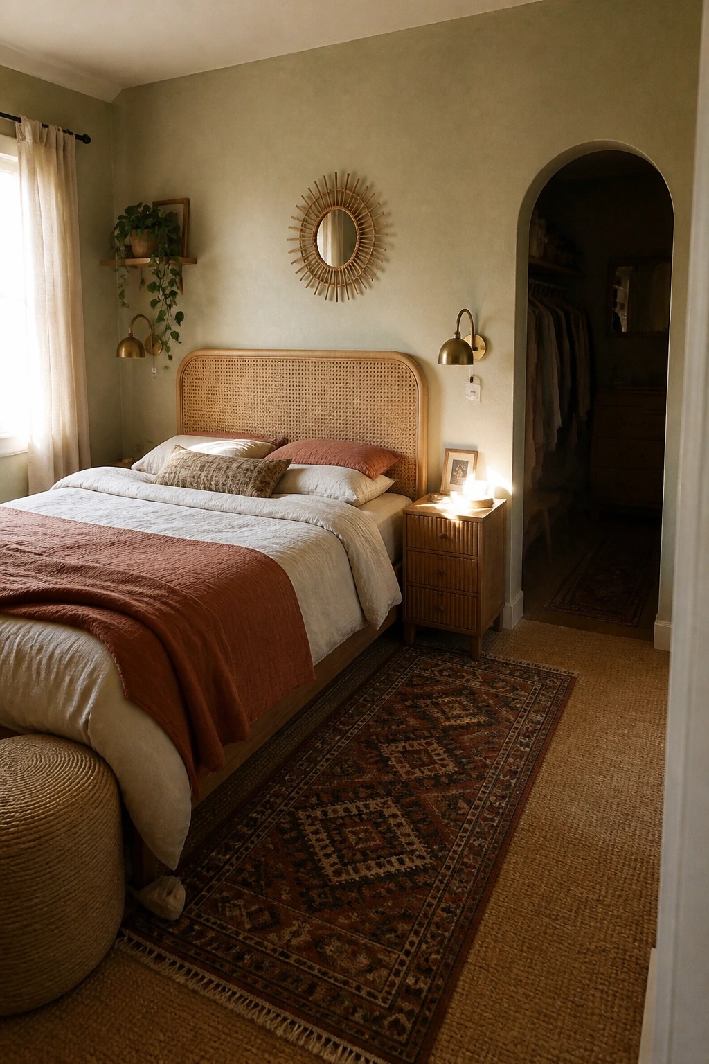 Cozy bedroom with rattan headboard, terracotta throw, sunburst mirror, and arched closet doorway
