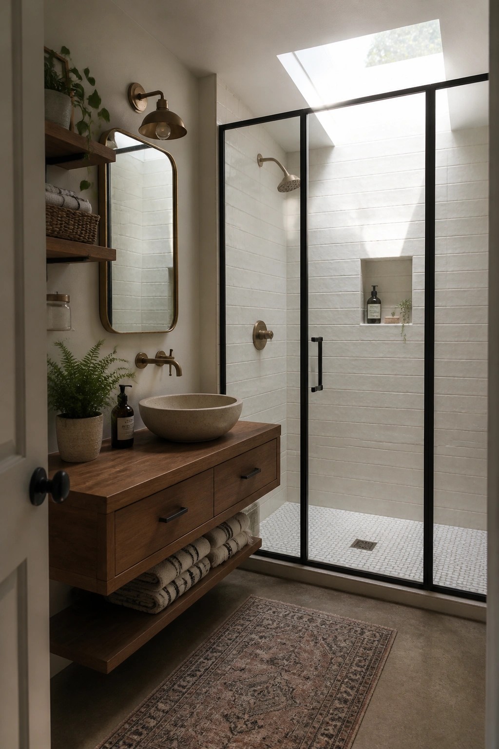 A modern bathroom featuring a floating wooden vanity with a stone vessel sink, a brass mirror, open shelving, and a black-framed glass shower with white subway tiles.