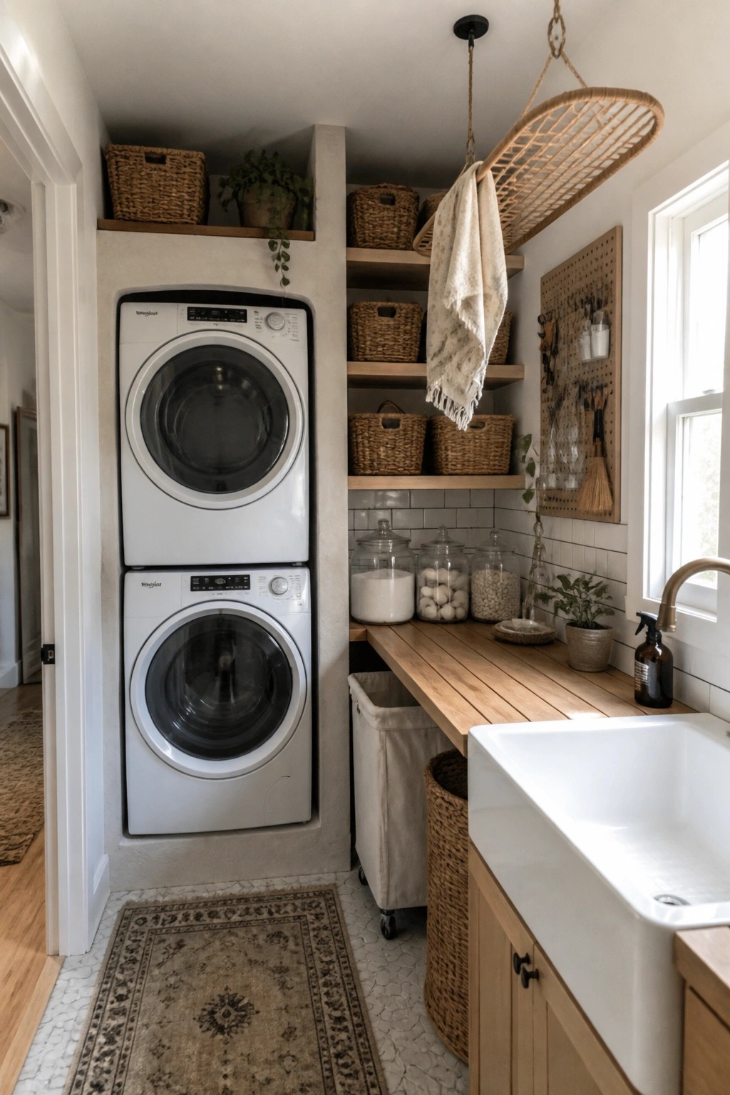 Stacked white Whirlpool washer and dryer in rustic laundry room with wooden shelves and sink